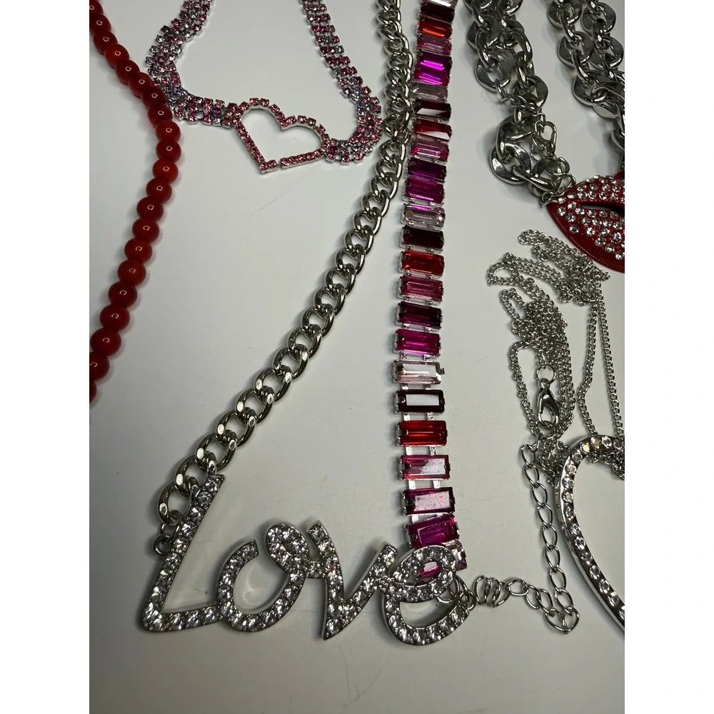 6pc Romantic Jewelry Lot Rhinestone Heart Love Lips Locket Necklaces Red Pink